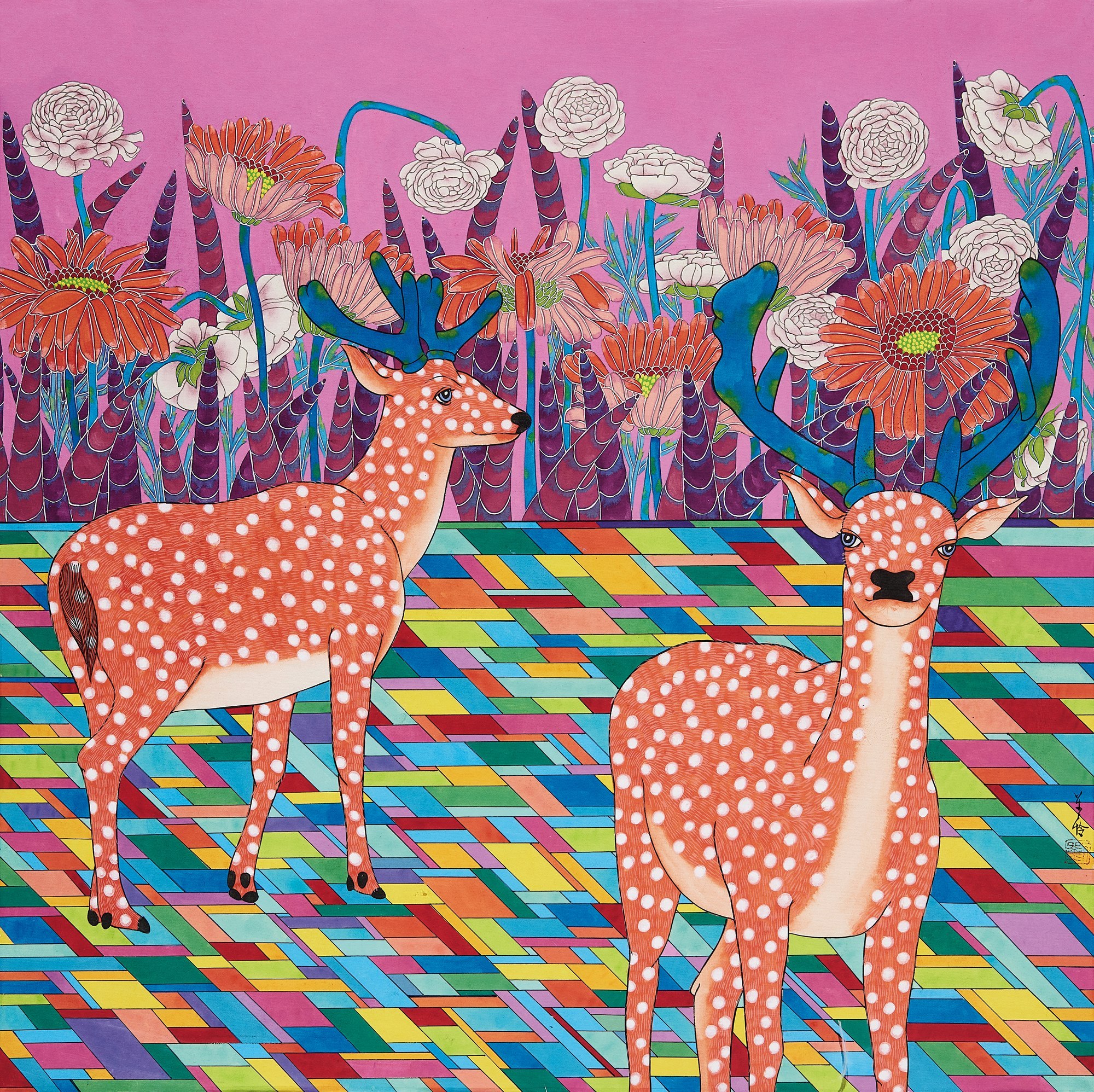 LIU TIANLIAN (b.1987) 彩色地板上的梅花鹿 Spotted Deer on Colour Floor
