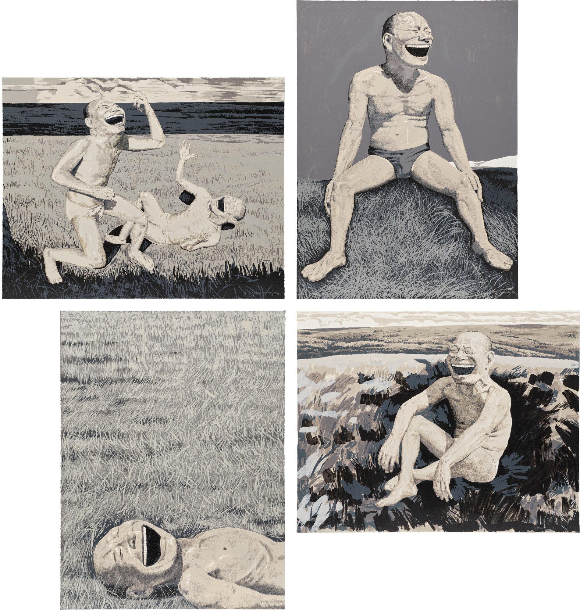 Two Men in Field; Sitting Man Laughing; Lying Head Laughing; and Man Sitting on Mound, from The Grassland Series